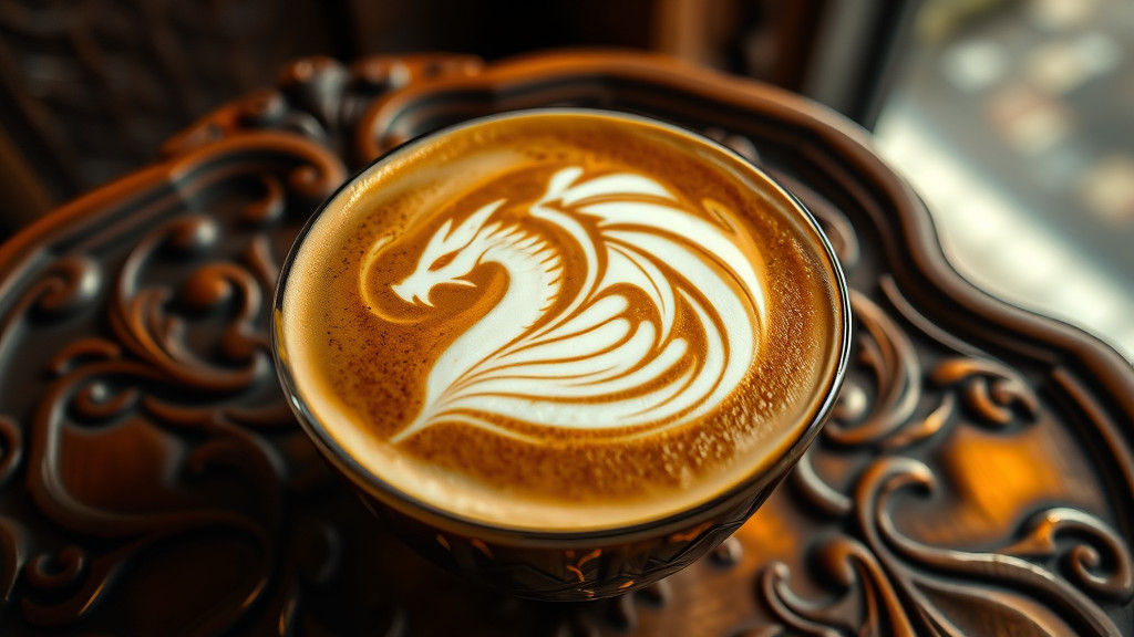 A close-up of a latte with a detailed Dragon design formed in the foam on top of an ornately carved table!  by @Paul G