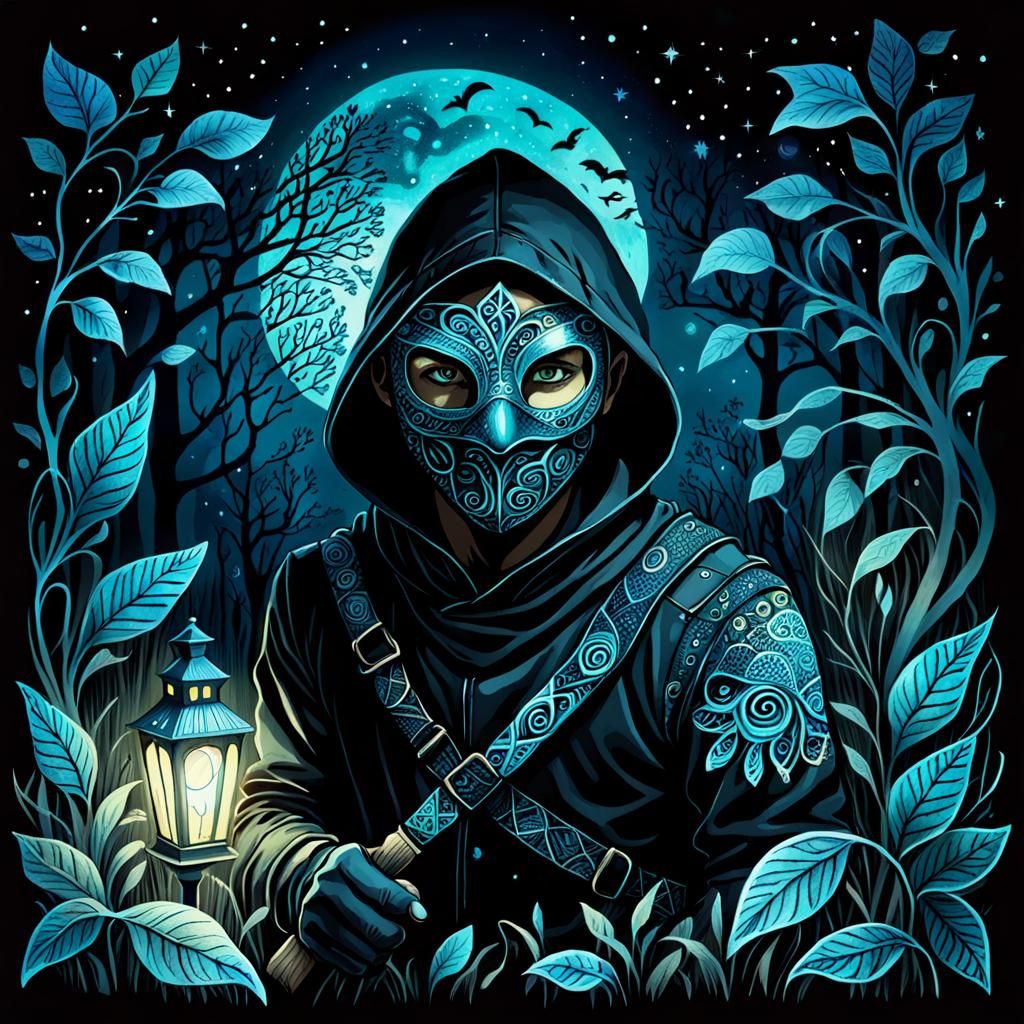 Masked thief, magical, night, shadows, Zentangle Bioluminesc...