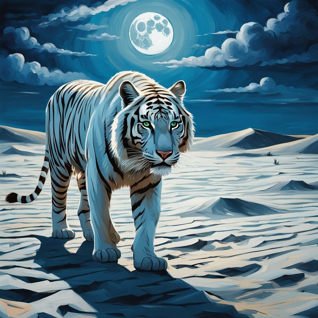 White Tiger in Silver Desert: Expressionist Neo-Impressionis...