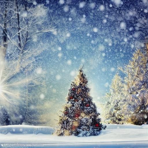 A Christmas landscape under the snow, with a decorated Christmas tree ...