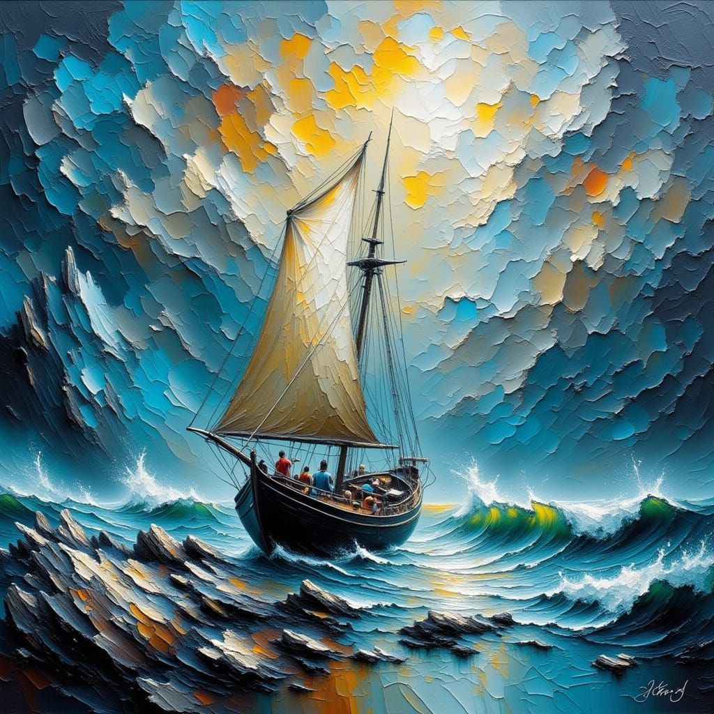 <lora:Seascape Flux:1.0> <lora:Empaste:1.0> <lora:FiosCrackedImpasto:1.0> <lora:2112:1.0> "boat on a stormy impasto seascape"