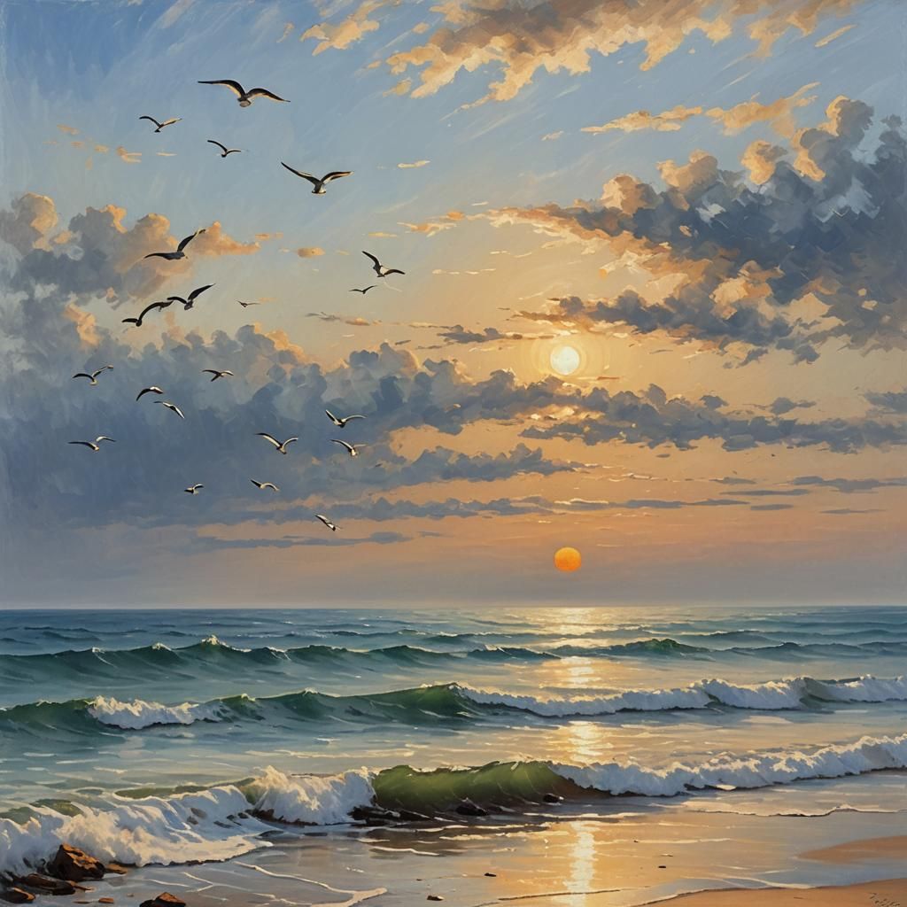 Atlantic Ocean Sunrise in Impressionist Oil Painting