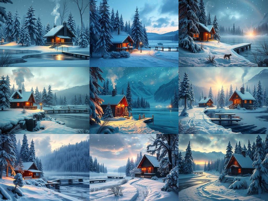 Winter Wonderland with snow covered cozy cabin