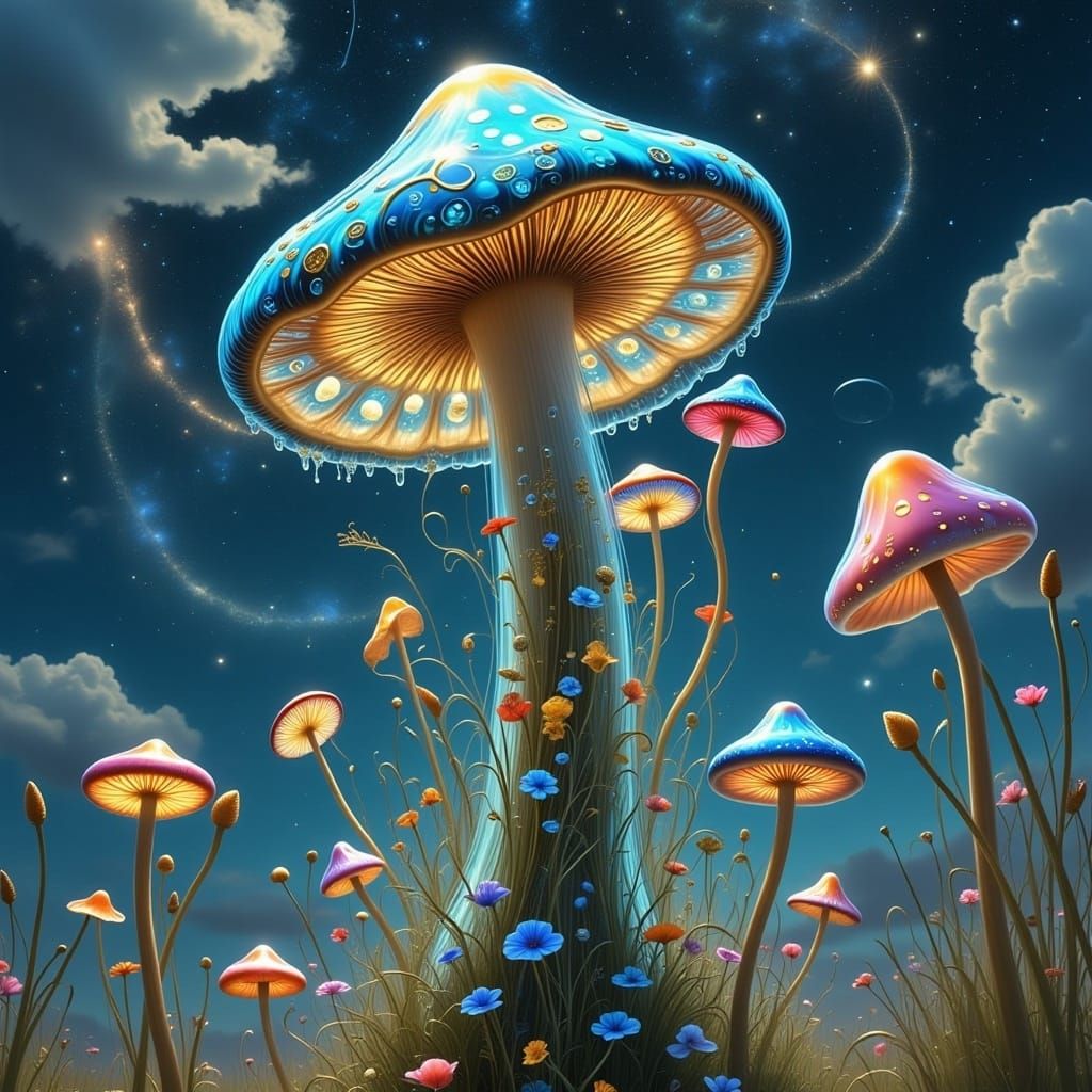 <lora:MILLENNIUM MUSHROOM:1.0>
VIVID fine art mytical realm of blue-sky view of a huge fantastical glowing transparent glass mushroom, whims...