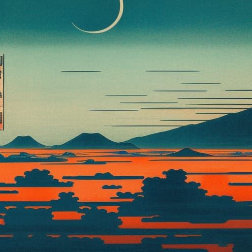 Desolate Wasteland: Ukiyo-e Woodcut in Cool Colors