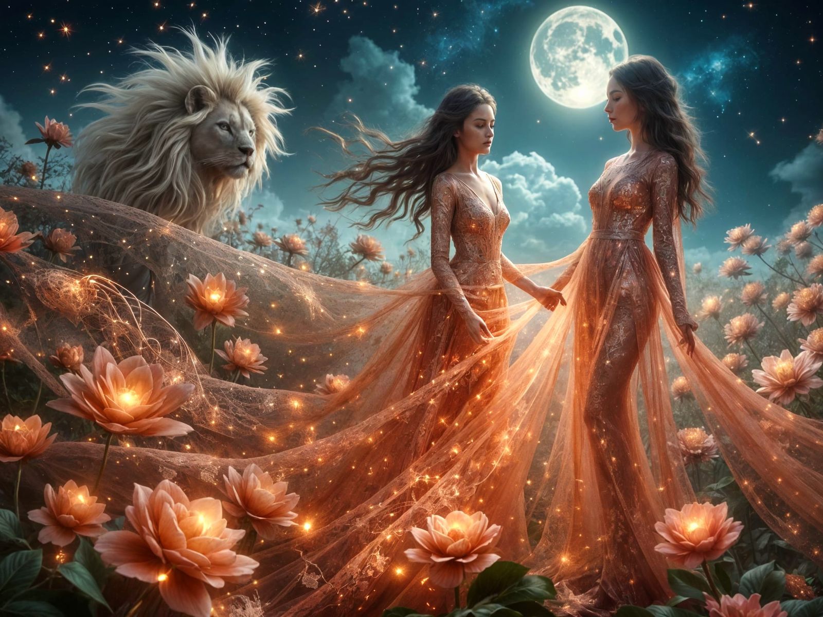 <lora:FiosCopperLace:1.0> Gemini Twins with Leo the Lion