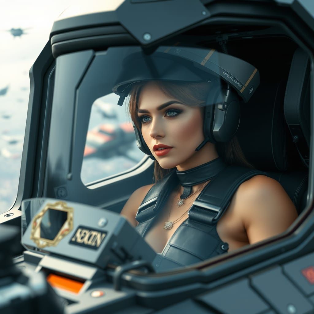 Sensual Mech Pilot in Dark Metal Cockpit Amidst Space Battle