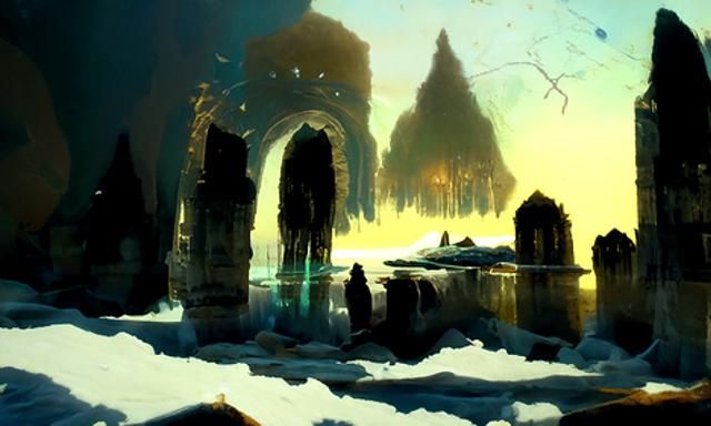 Ancient ruins under a frozen lake