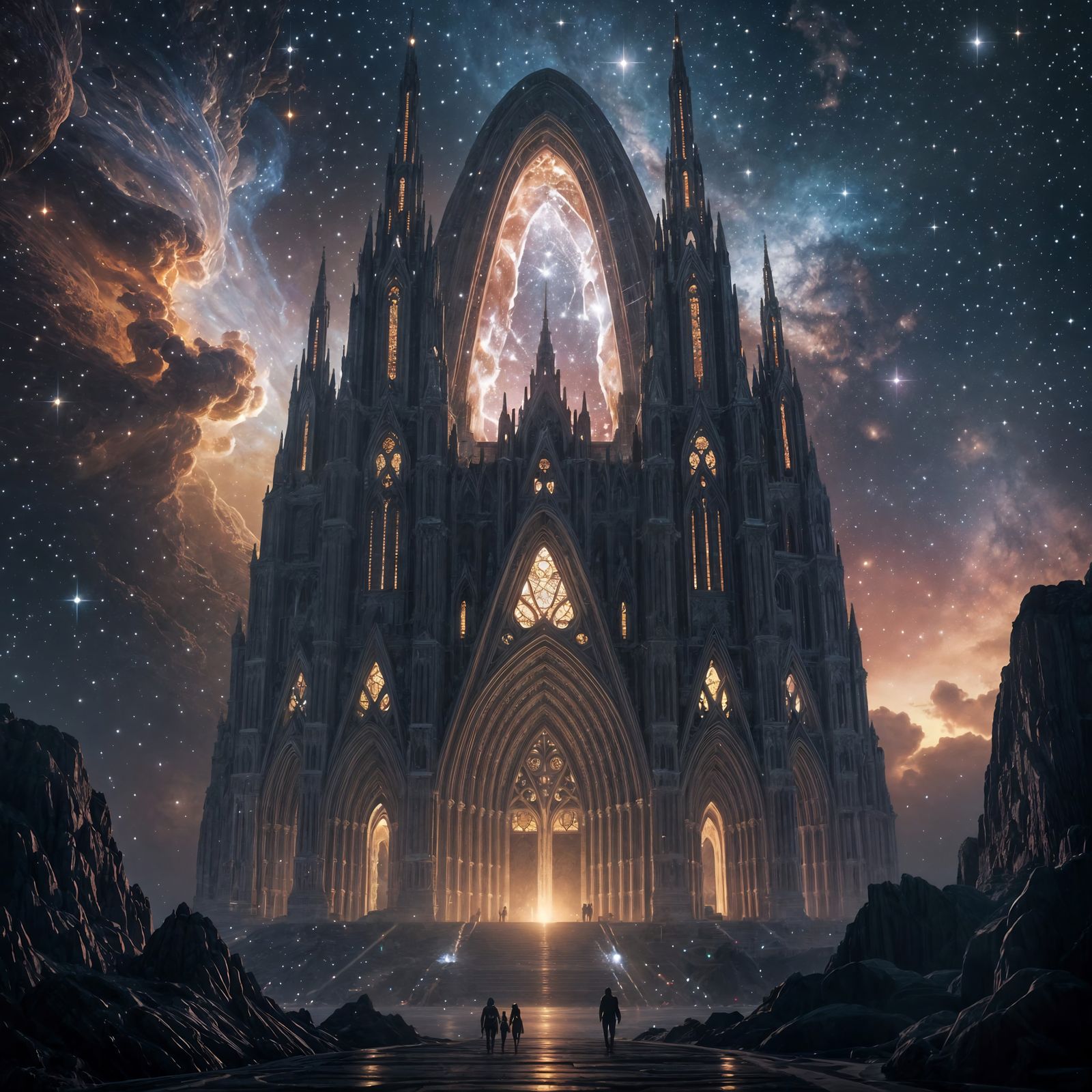 A colossal, ancient cathedral carved from a single, massive geode, floating in the cosmic void  by @MARIUS CHIVU