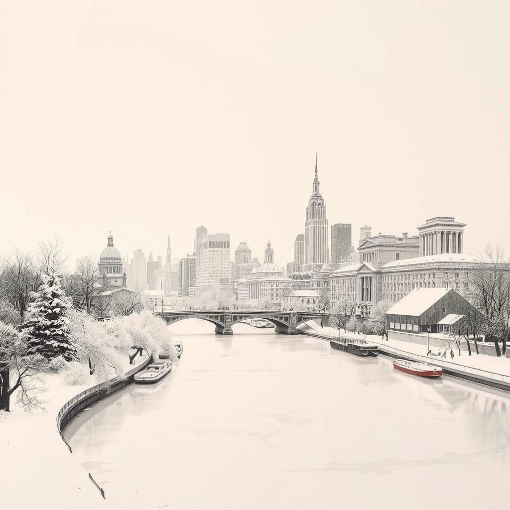 A city skyline transformed into a winter wonderland in ivory...