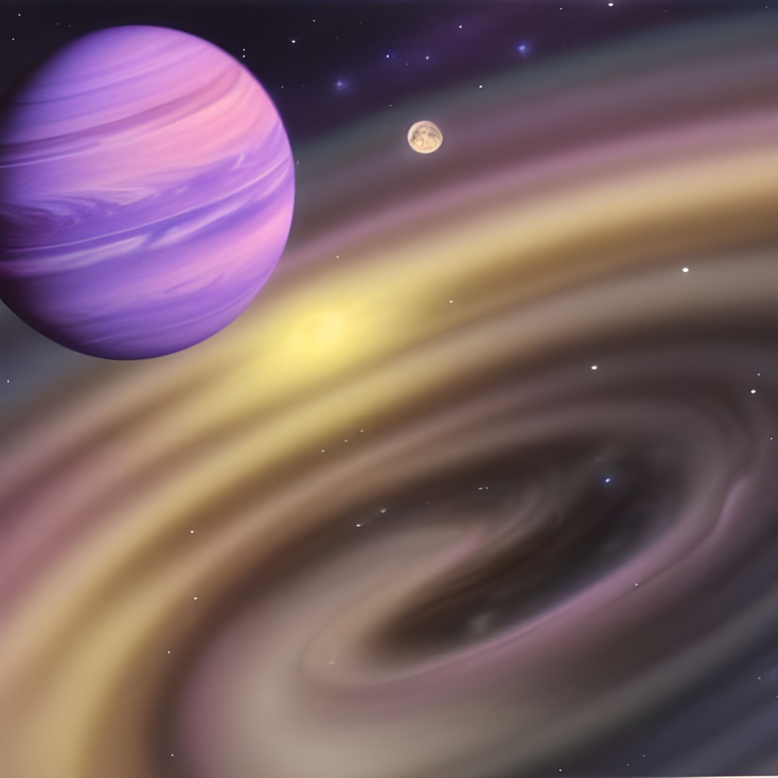 space planet purple gas giant striped dark bands swirling moons hyperreal fantasy Thomas Kinkade