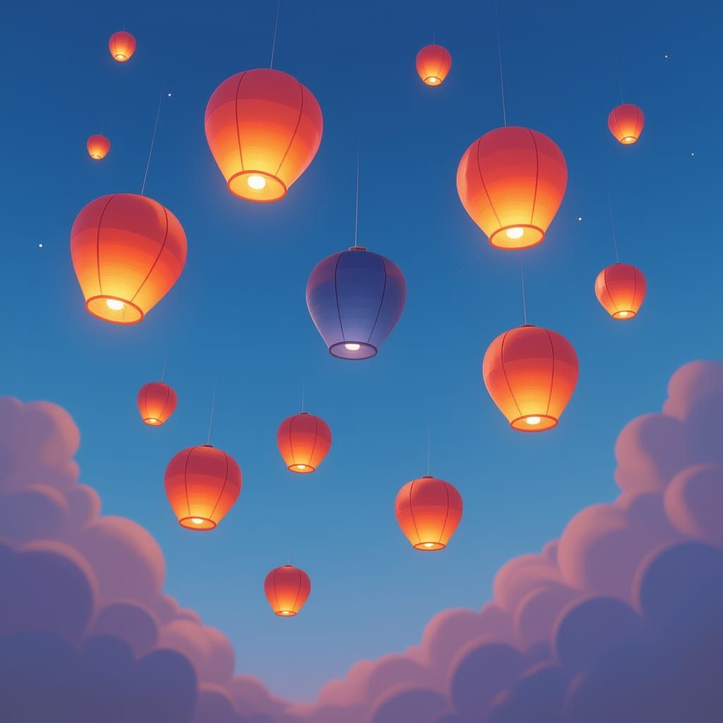 Paper lanterns floating toward the stars
