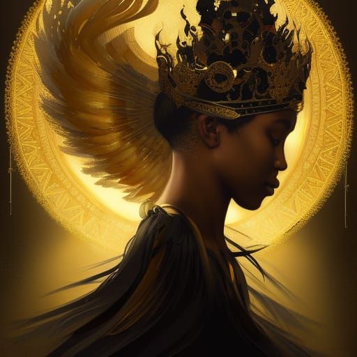 A Black angel, wearing a gold crown.  by @Colin Sean