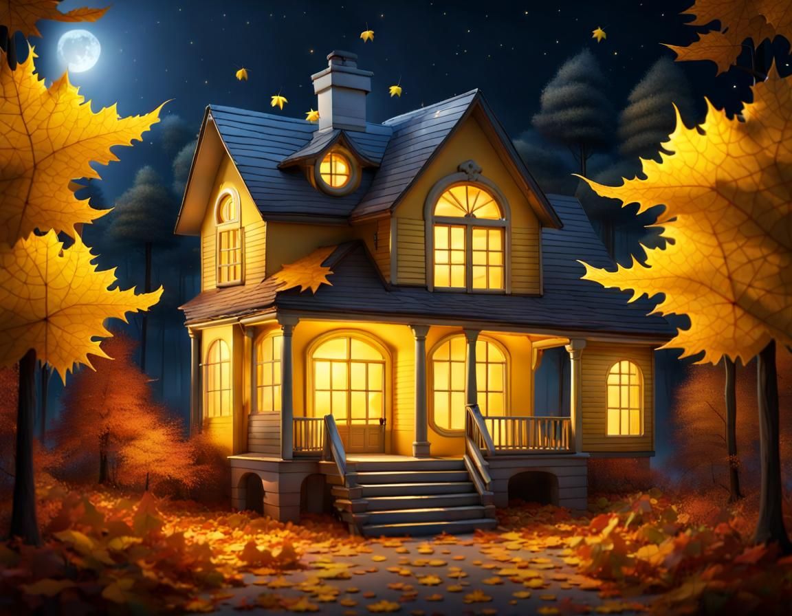 A house in the autumn forest, yellow leaves, late evening, stars, light ...