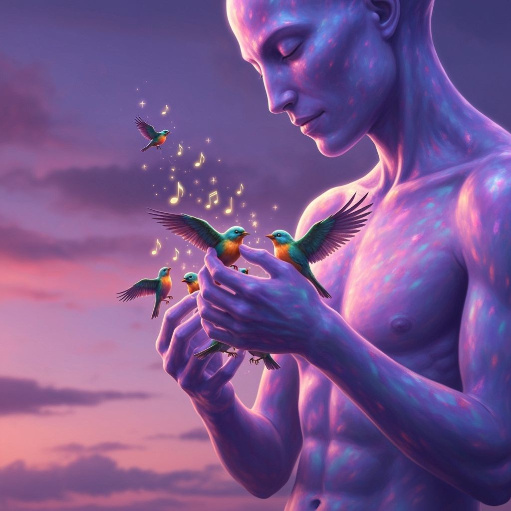 A giant gently rescues birds from trap.
Each feather gleams under soft twilight sky.
The birds sing as gratitude fills air.