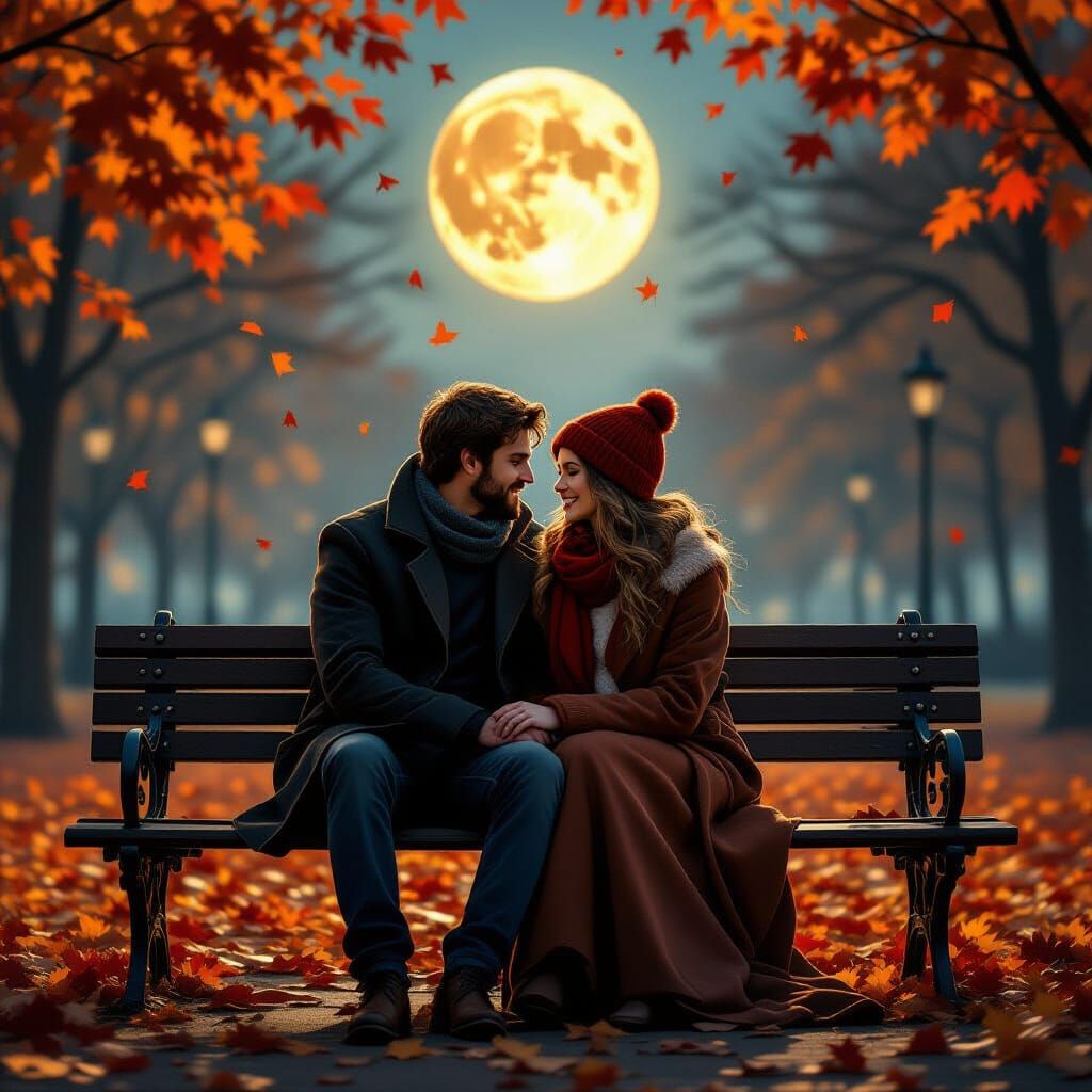 Couple on Park Bench Under Harvest Moon