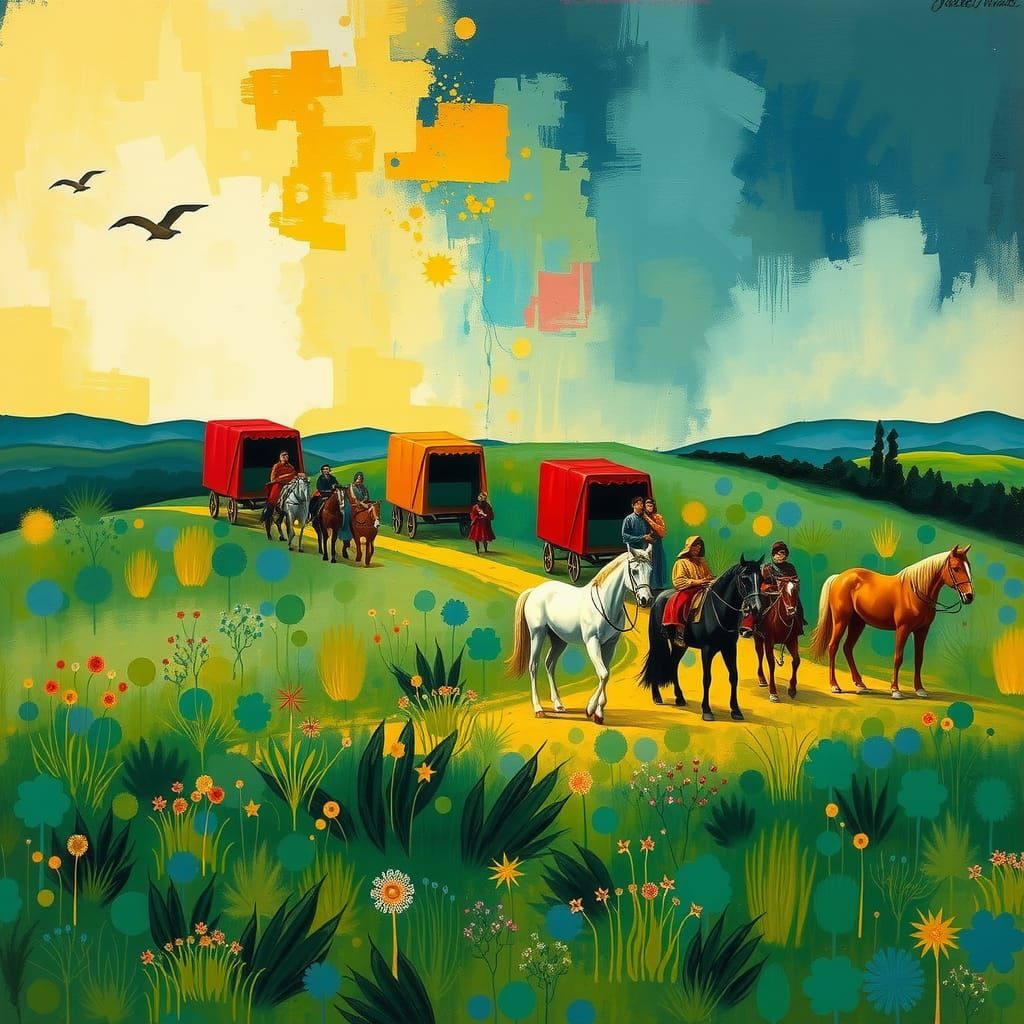 Gypsy + caravans + horses + families + encampment + countryside