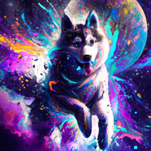 a husky colorful splash of paint on his body, an ultrafine detailed painting, floating in a galaxy of stars and planets, Dreamy, Pastel colo...