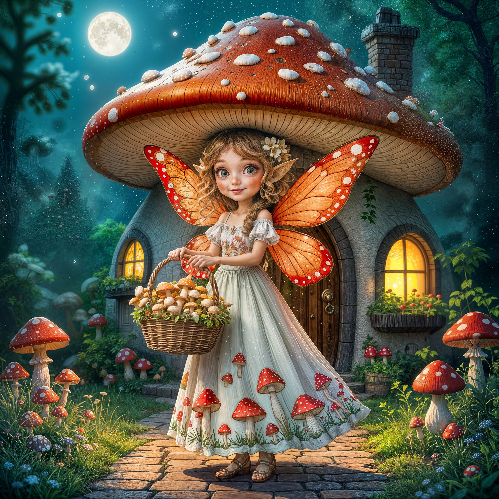 Mushroom fairy.Fairy has a mushroom hat. She has red wings with white polka dots. She has a long white dress with mushroom print. She carrie...