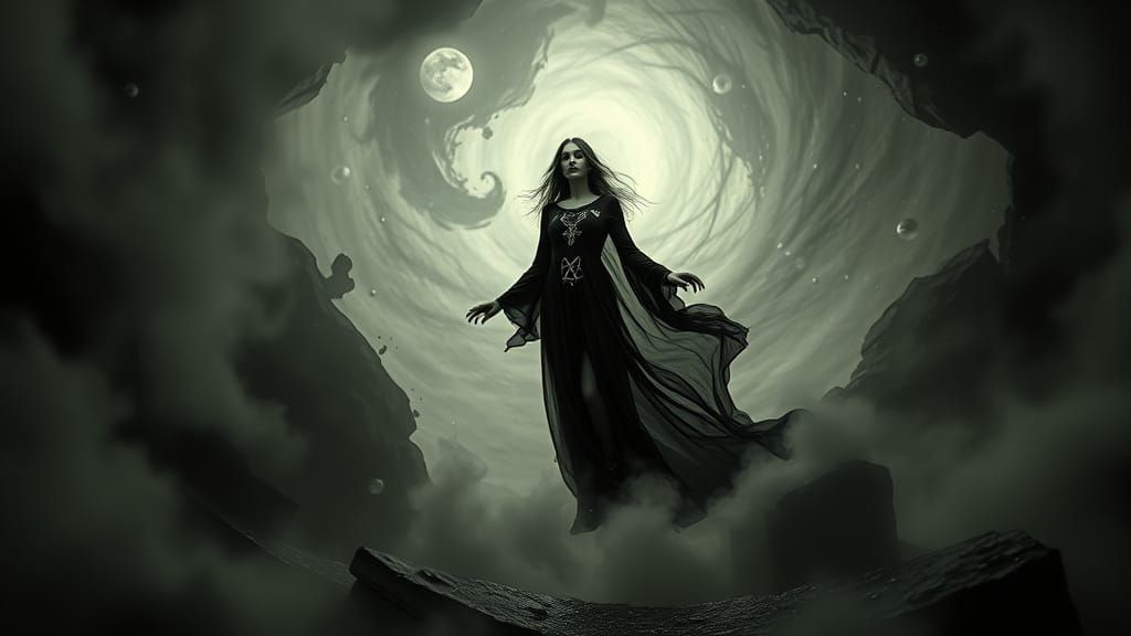 Dark, Mystical Woman in a Swirling Vortex of Glitching Mist
