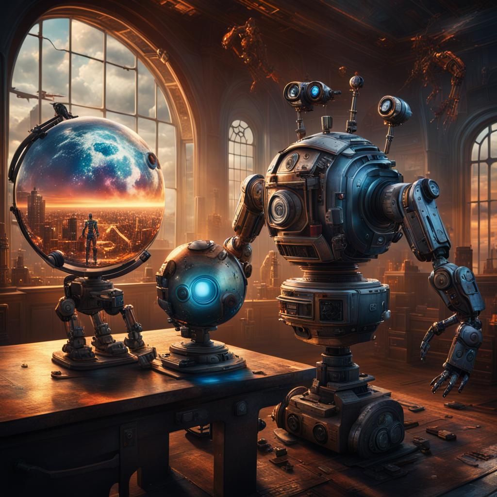 A glass globe containing A robot watching another robot on t...