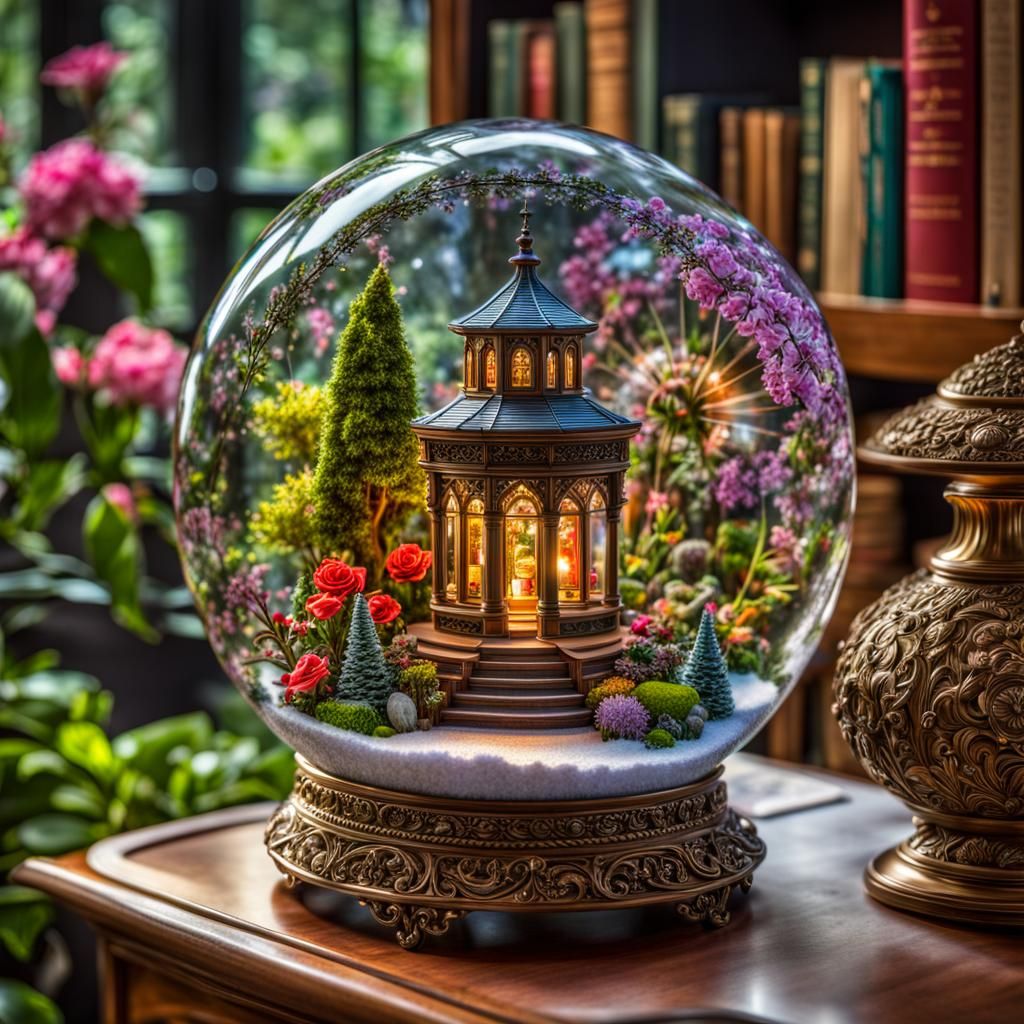 intricate details, HDR, vibrant fantasy garden in a elaborate snow globe sitting on a table in a study ...  by @Jas