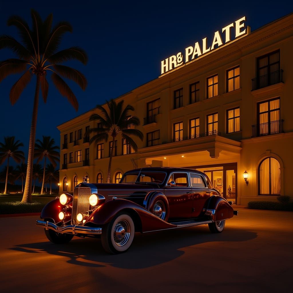 Sleek limousine at night in a luxurious Honolulu Great Palace Hotel in 1938 