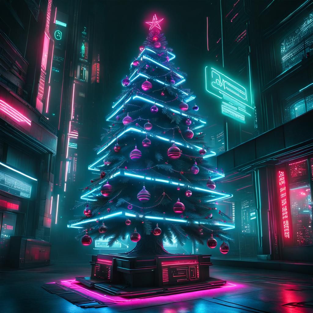 Cyberpunk Christmas Tree in the future : Neon : Cinematic Realistic Photography : Vintage : Intricately ...  by @Darthurra