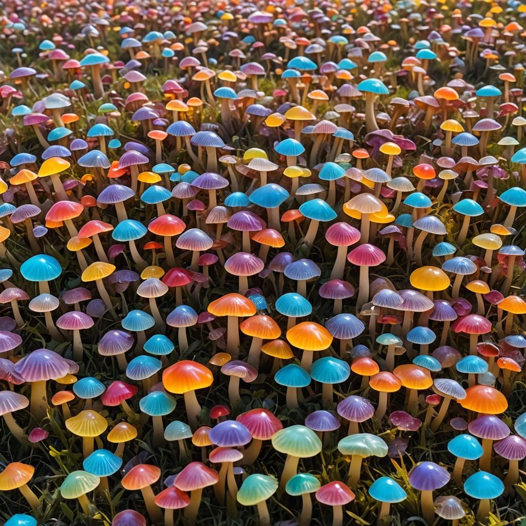 A field of colorful jelly mushrooms