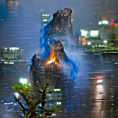 Tokyo at night godzilla breathing blue fire in the rain