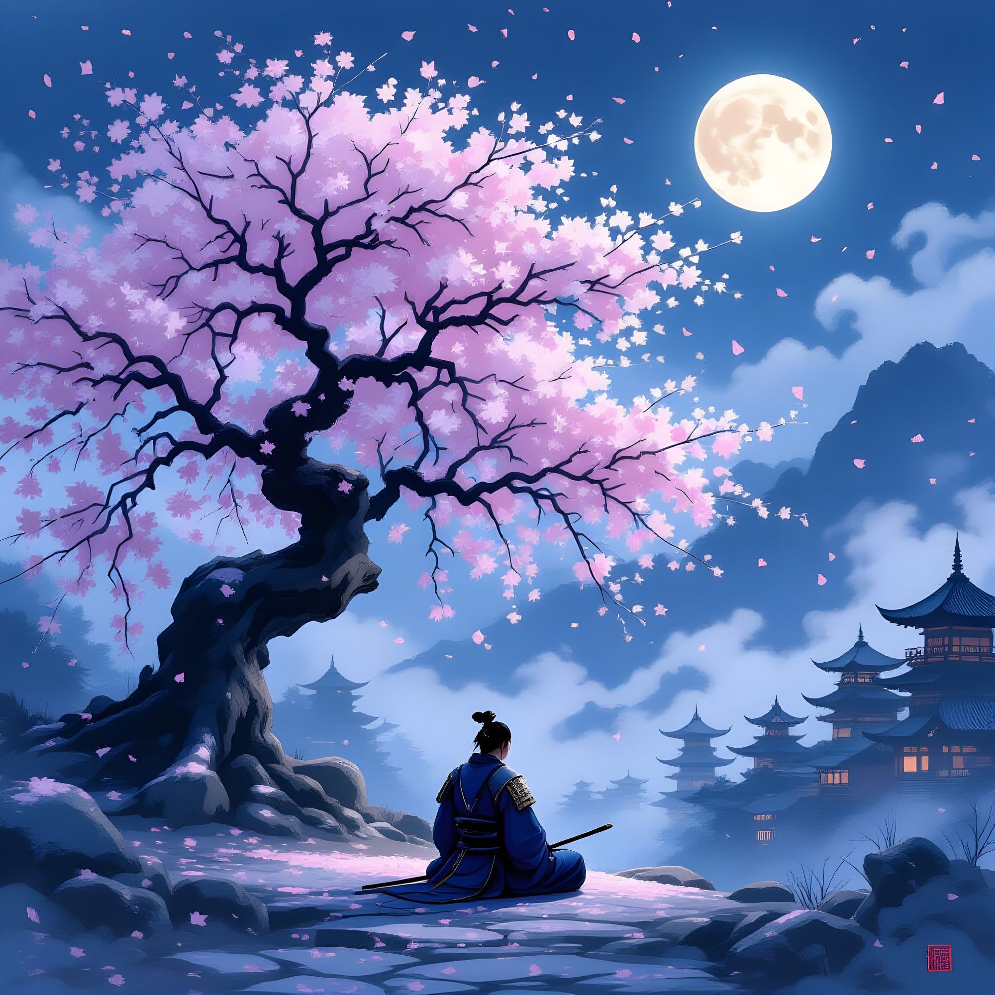 have the moon with the cat and dragon be in the sky over the samurai - Start Image 1