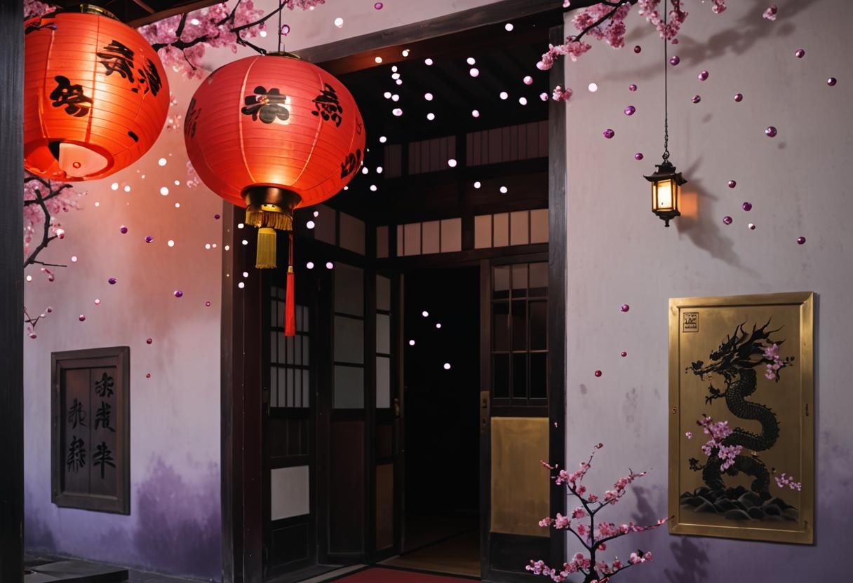 Japanese blossom tree, flying purple pedals, clear bubbles, ...