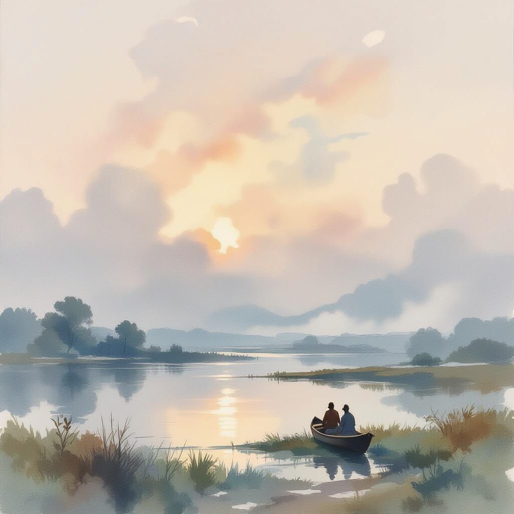 Serene Watercolor Landscape with Misty Atmosphere