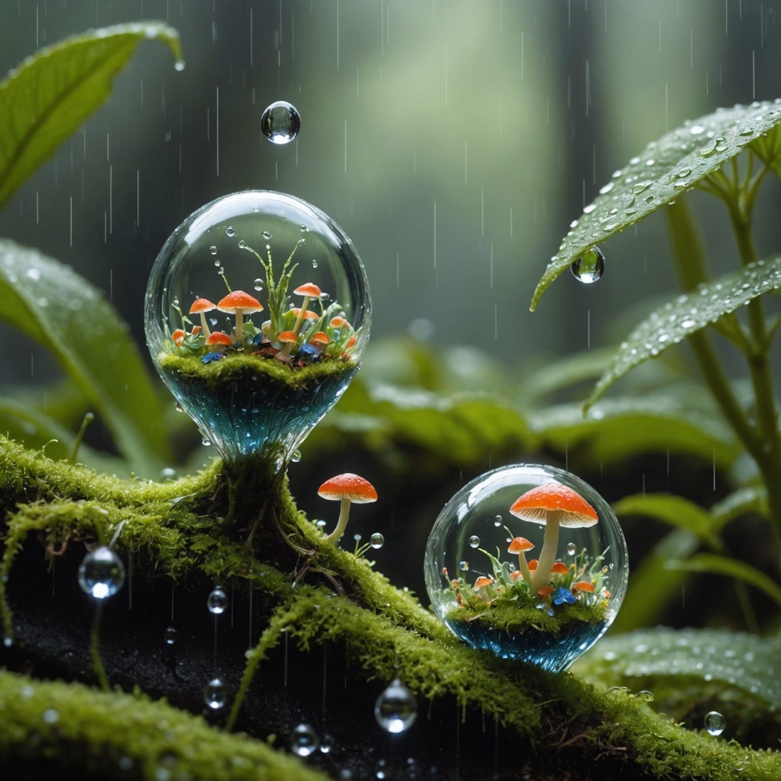 Microscopic Fairy Landscapes in Raindrops: AI Art