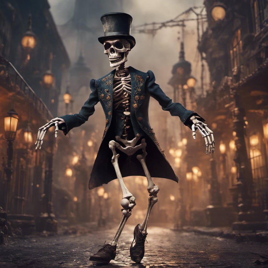 Skeleton in a tophat tap dancing