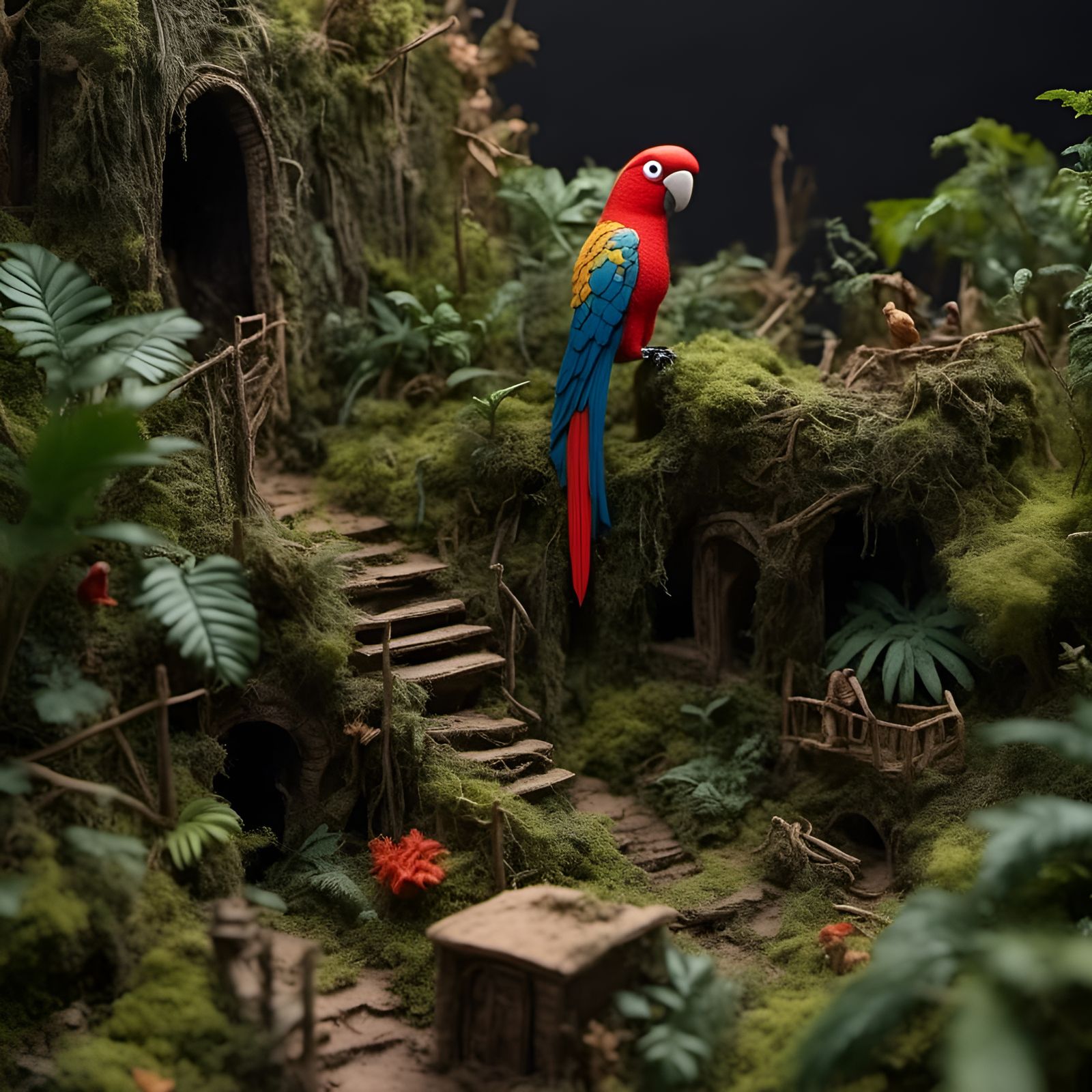 scale model of a parrot, rainforest landscape, realism, <lora:Miniverse:1.0>