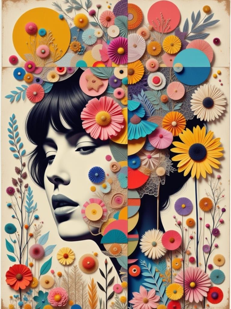 vintage collage art with fashion photos and colorful patterns, minimalistic, vintage floral art, boho, beige background, pastel colors
<lora...