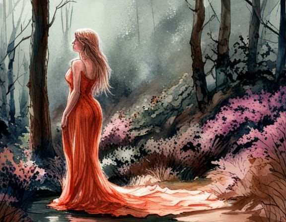 Female girl full body view,ink drawing watercolor