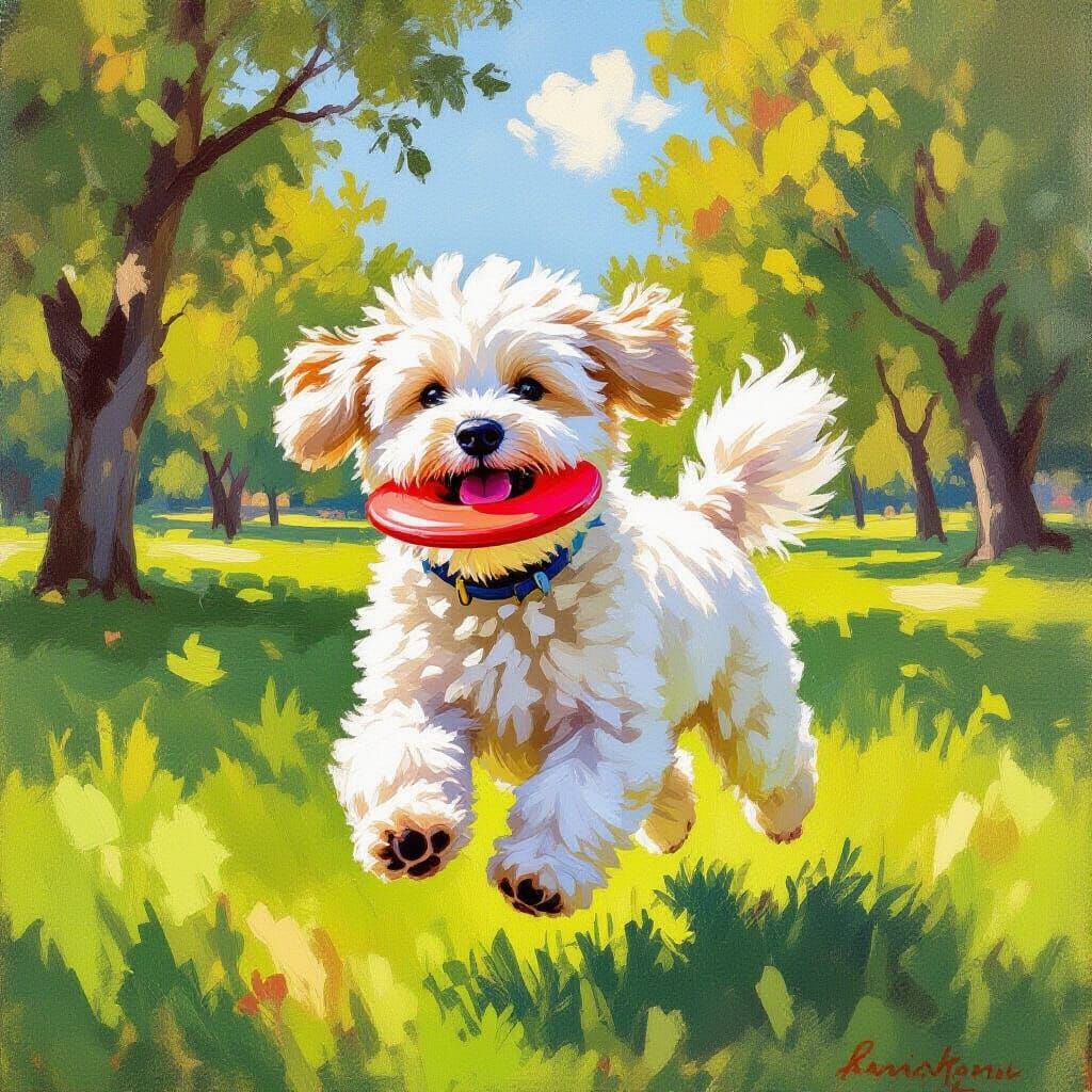 Joyful Dog Playing Fetch in Sunlit Park Oil Painting