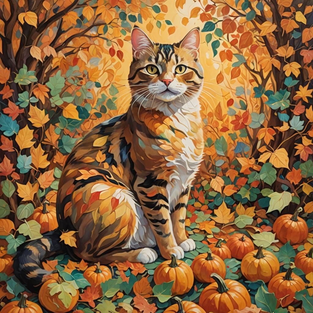 Whimsical Cat in Autumnal Gouache Impressionist Style