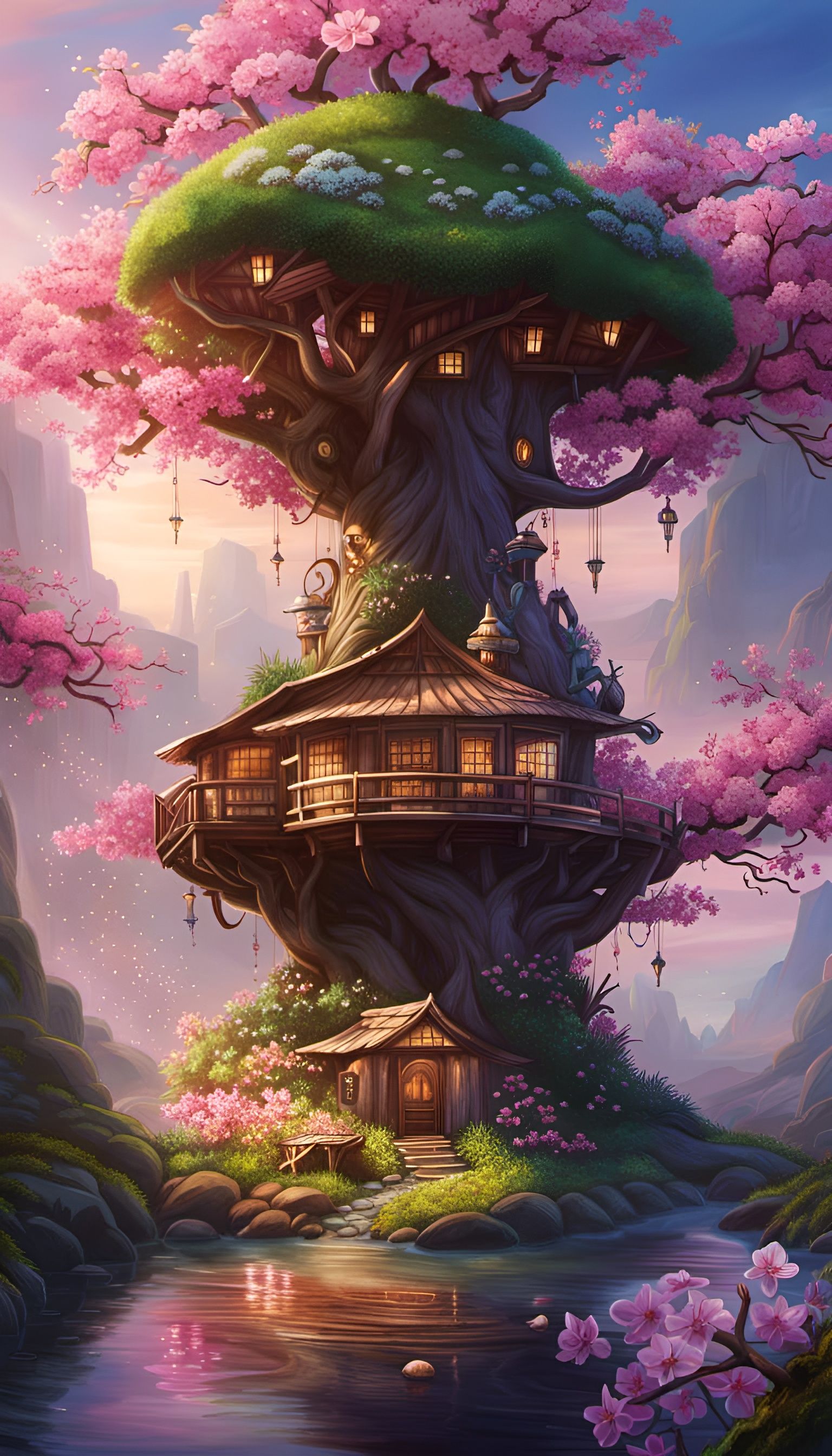 Tree house made of cherry blossom tree