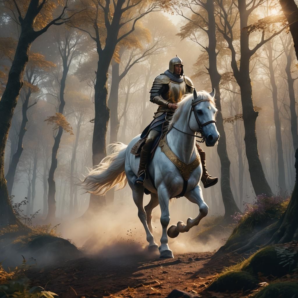 Medieval Man Races White Horse in Misty Forest