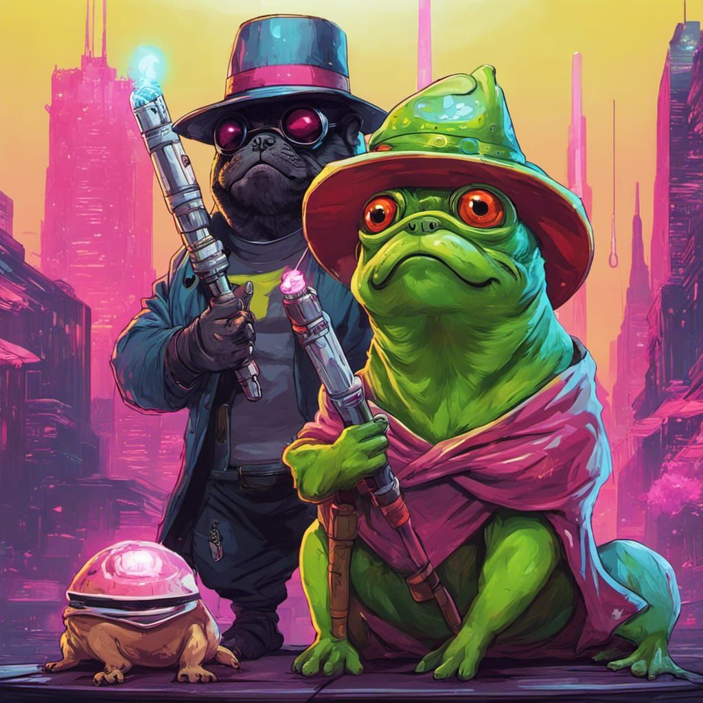 A pug in a wizard hat holding a lightsaber next to a frog in...