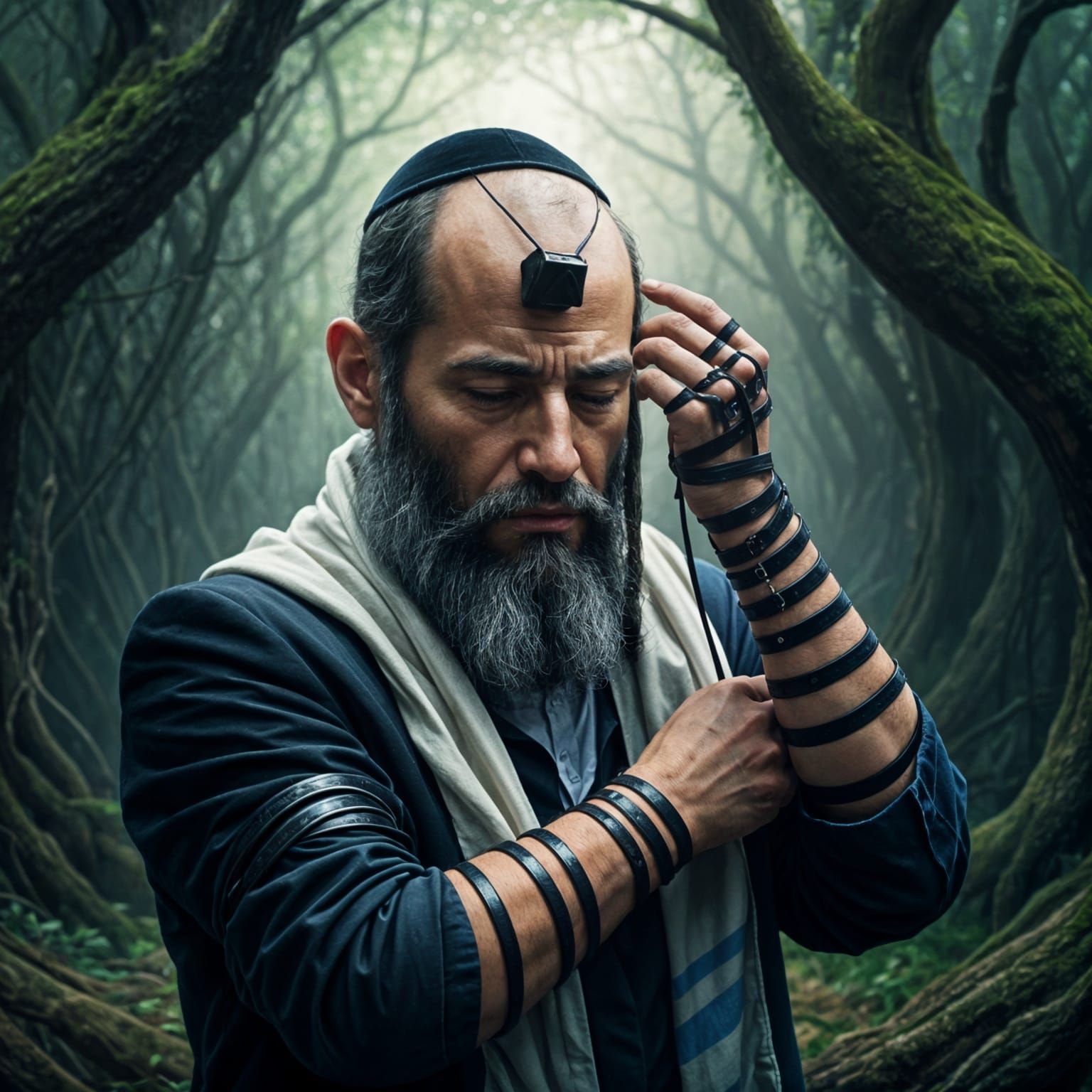 Orthodox Jewish Man Praying in Forest, Detailed Matte Painti...