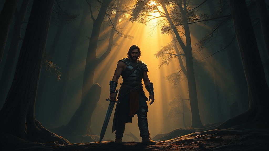 "A lone warrior standing in a shadowy forest, illuminated by a dramatic beam of light breaking through the canopy."