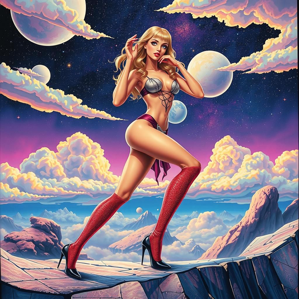 retro futurism space fantasy landscape woman sensual pose st...