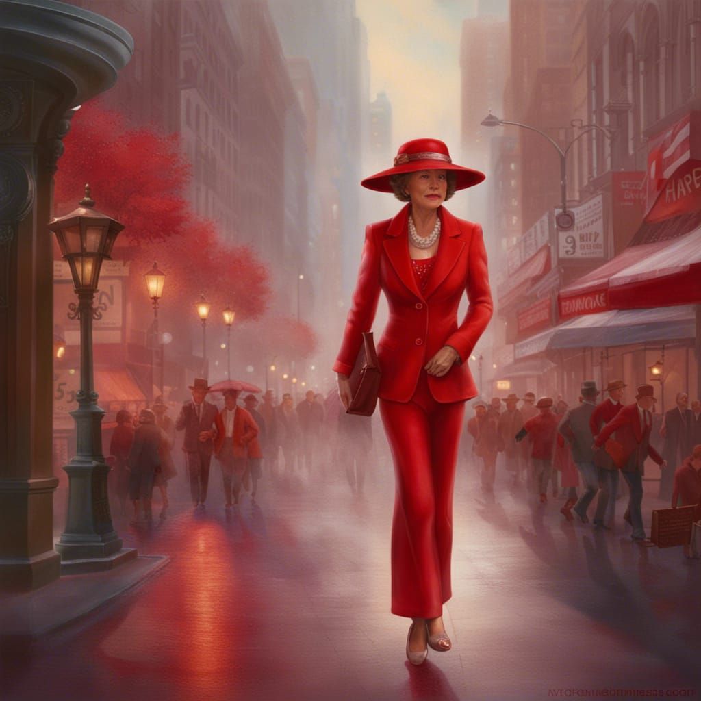 Mayor Pauline walking down the busy city streets, wearing a red ...