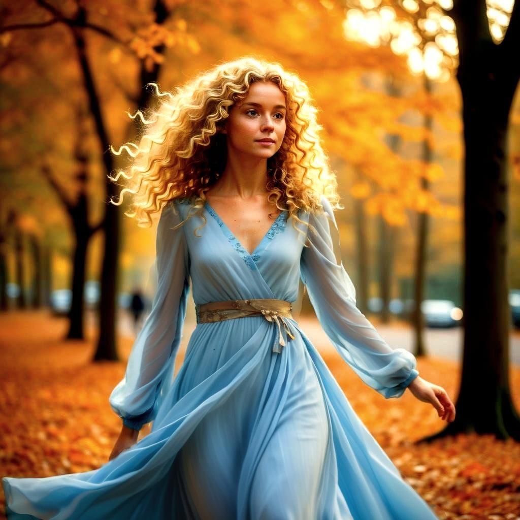 A curly Blond haired woman with a Light blue gown steps within an autumn breeze world 