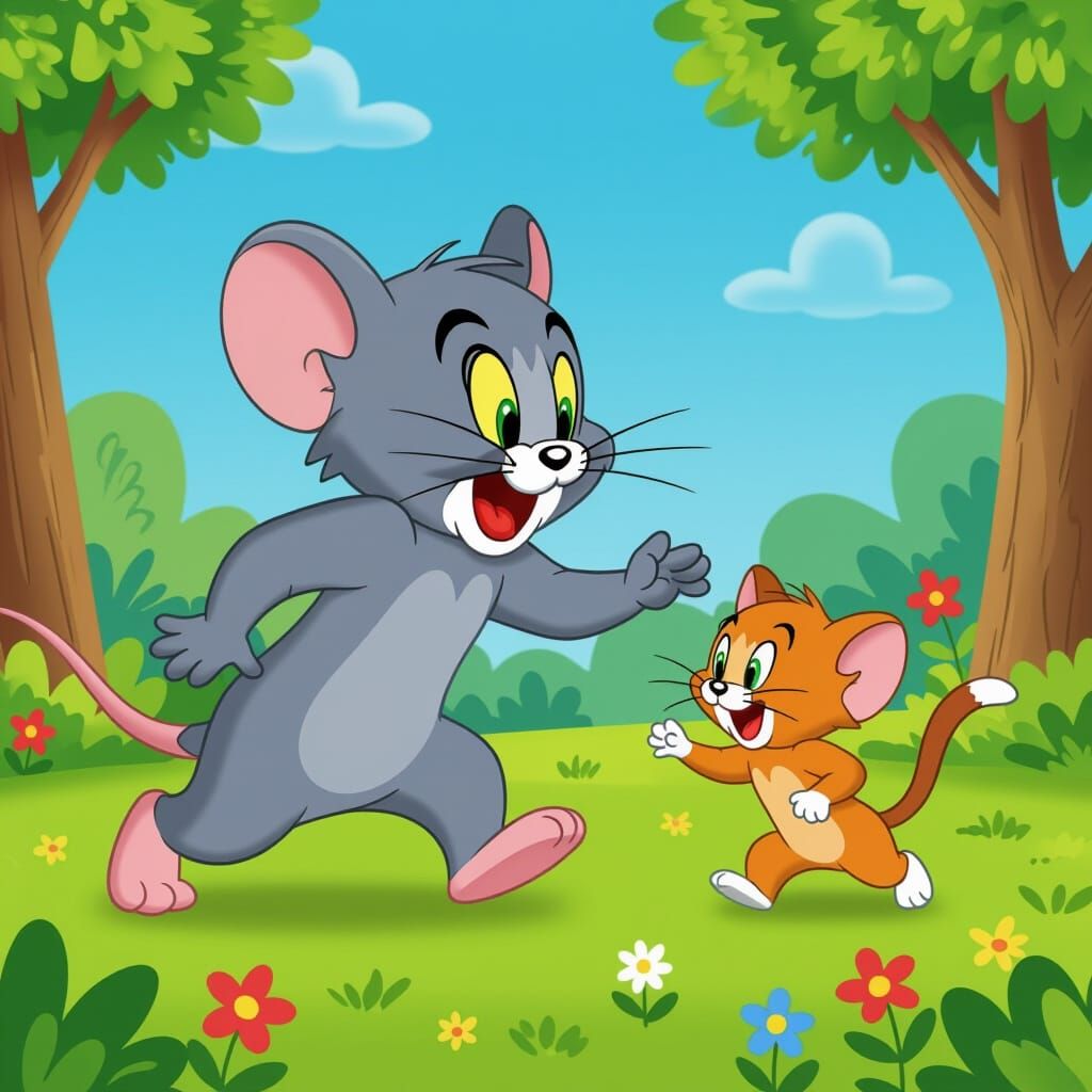 A giant mouse chasing a small cat, a reverse scene from Tom and Jerry, cartoon style.