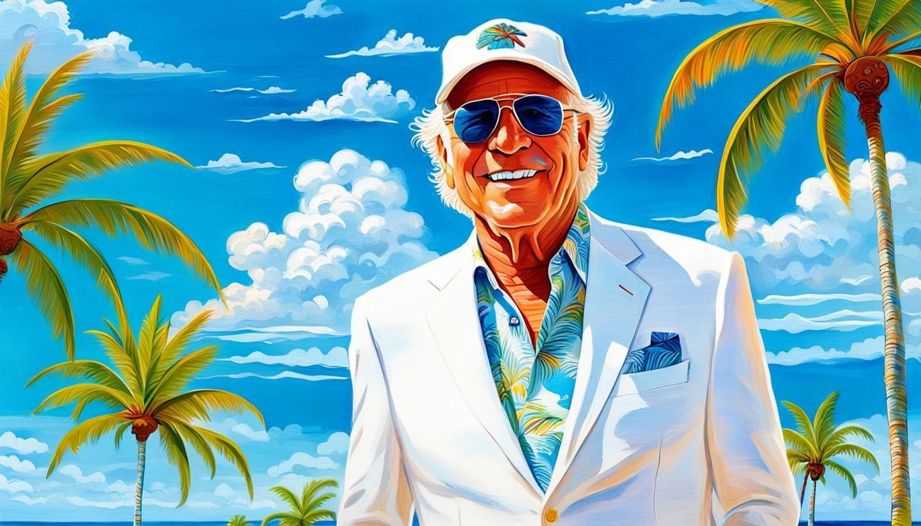 SINGER JIMMY BUFFET WEARING WHITE LINEN SUIT, BASEBALL CAP ,...
